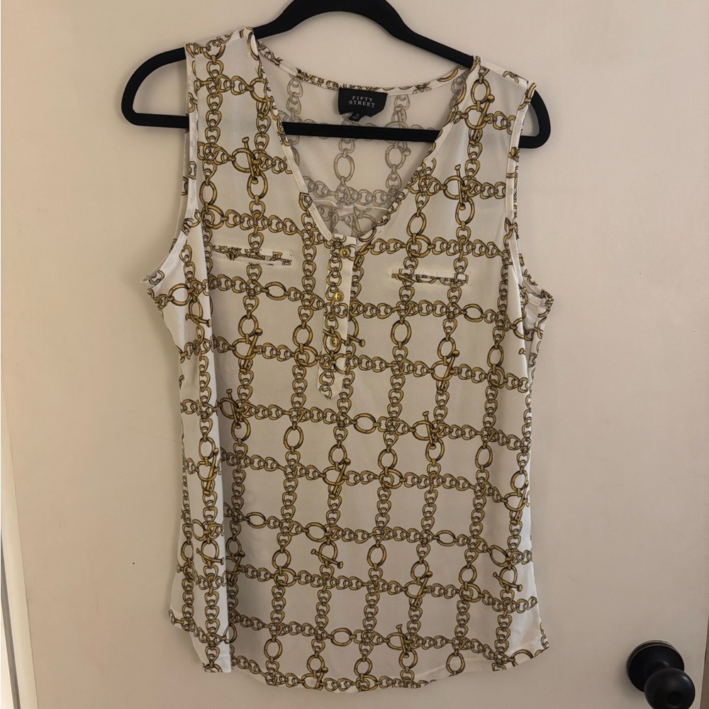Cream Tan Sleeveless Graphic Fitted Blouse